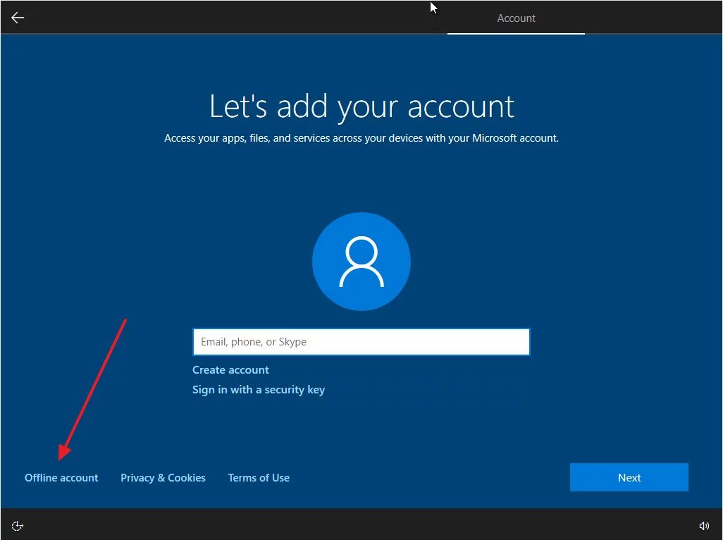 Install Windows 10 add user account