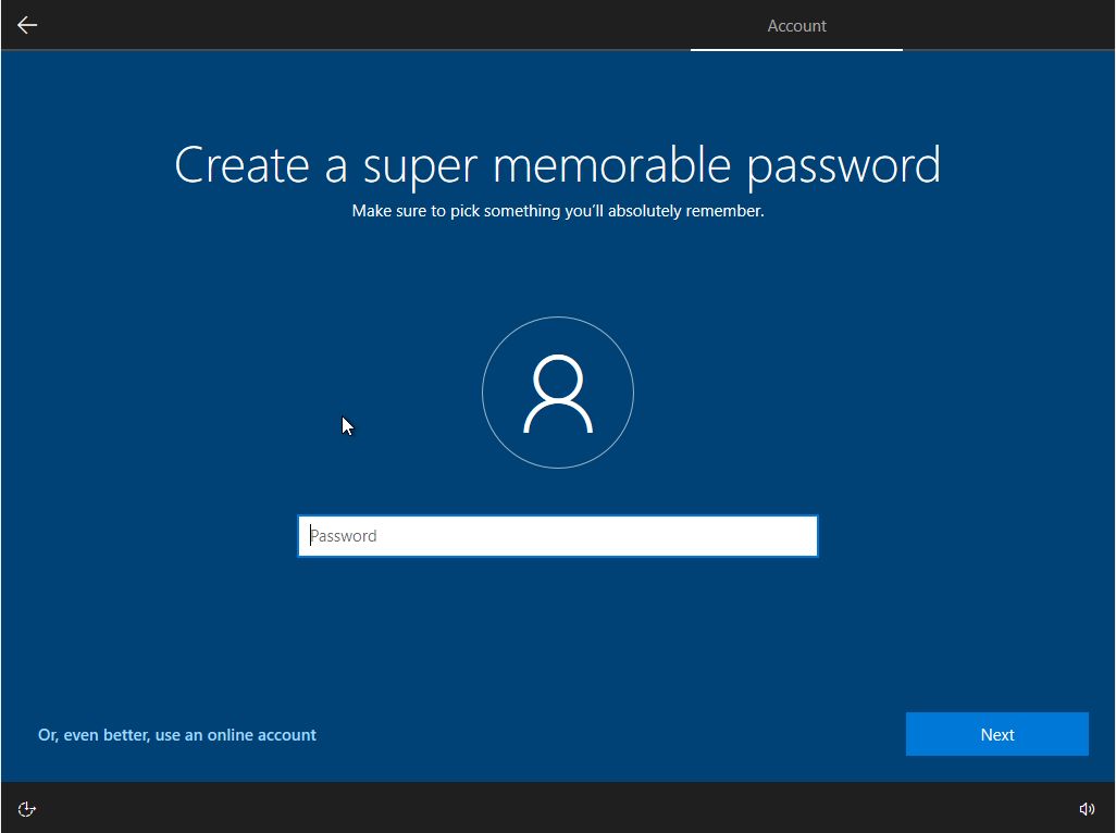 Install Windows 10 choose password