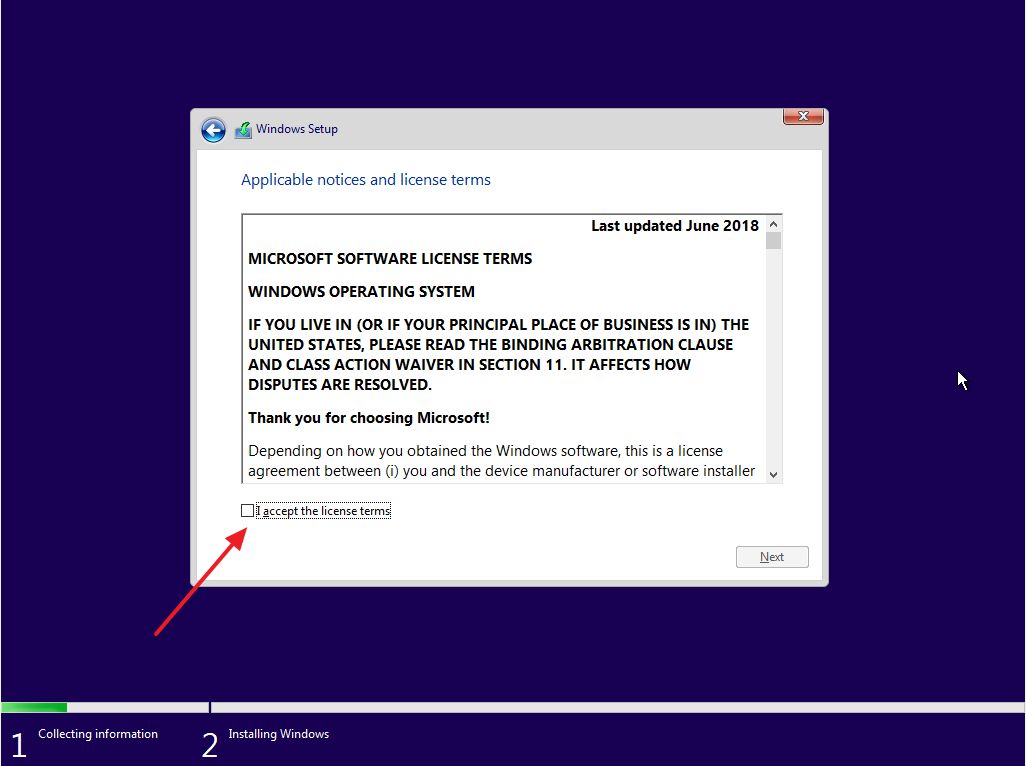 Install Windows 10 eula terms and conditions