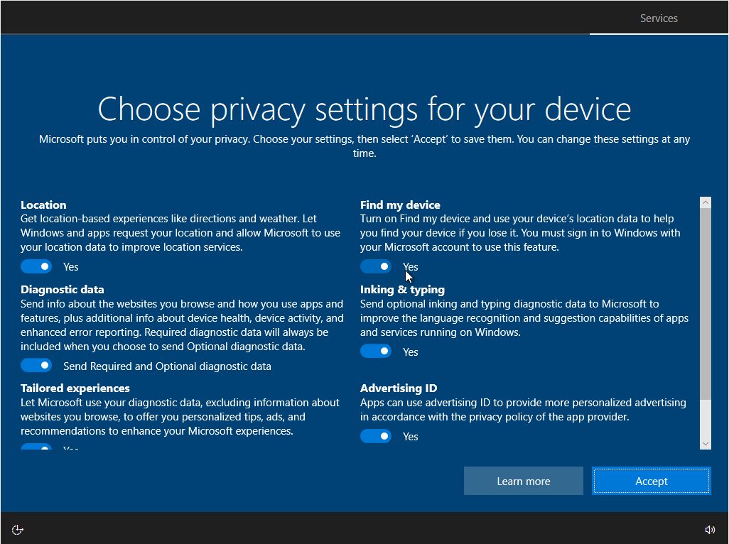 Install Windows 10 privacy settings