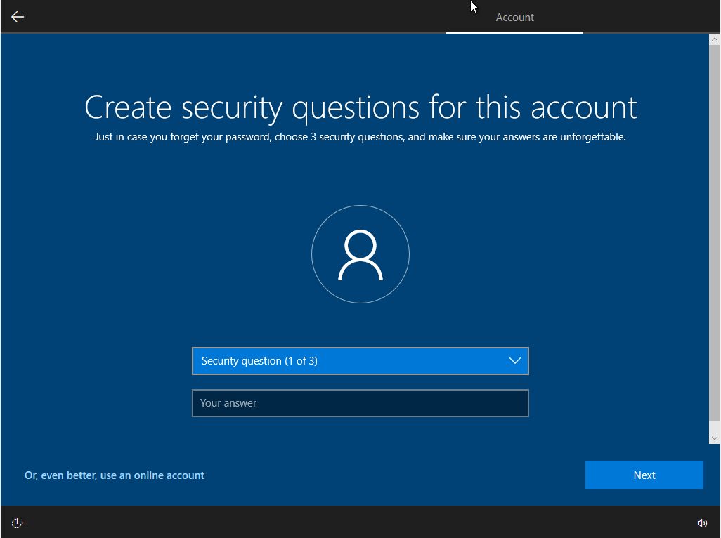 Install Windows 10 security questions