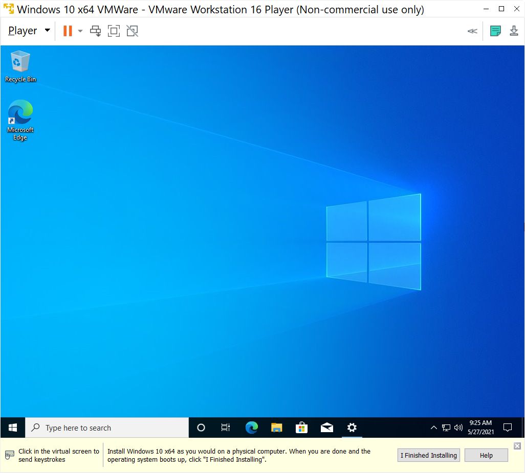 VMWare Workstation 16 Player VM Windows 10 first boot - BinaryFork.com