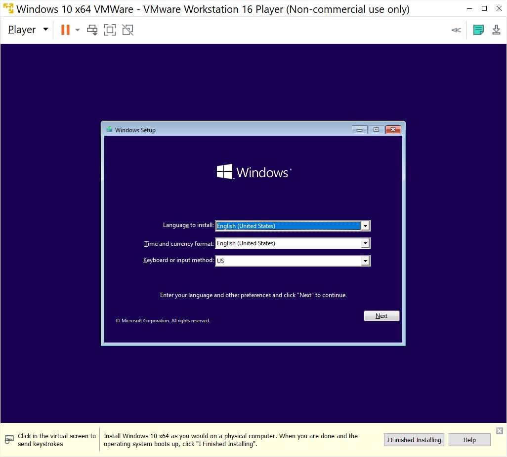 VMWare Workstation 16 Player VM first Windows install screen - BinaryFork.com
