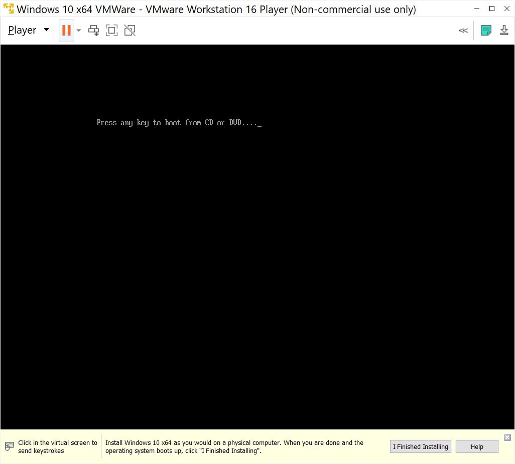 VMWare Workstation 16 Player VM press any key to boot - BinaryFork.com