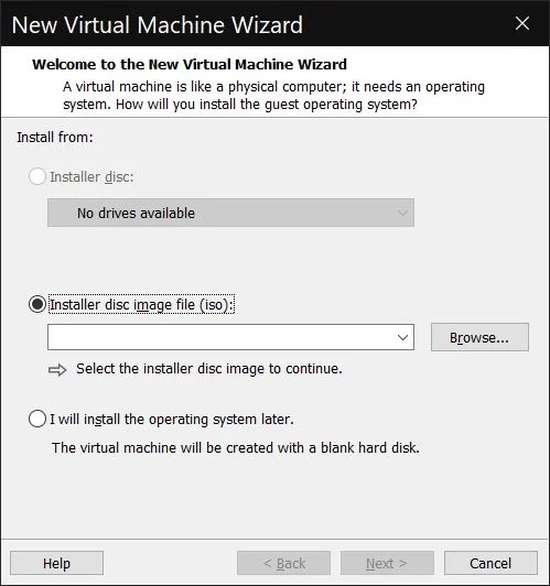 VMWare Workstation 16 Player create new virtual machine - BinaryFork.com