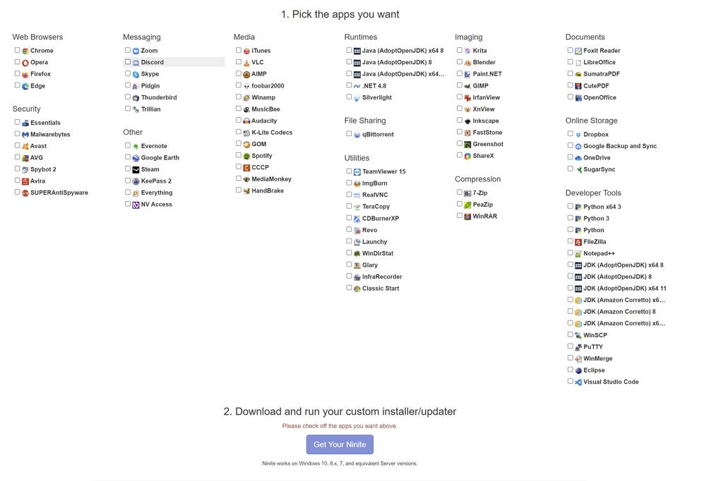 Ninite.com supported apps - BinaryFork.com