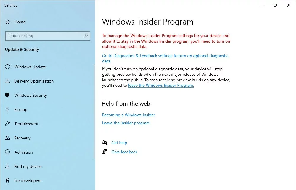 windows 10 abilita i dati diagnostici opzionali per le build insider