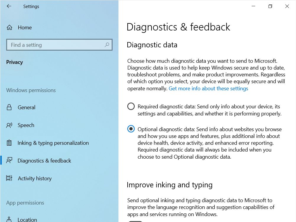 windows 10 enable optional diagnostic data