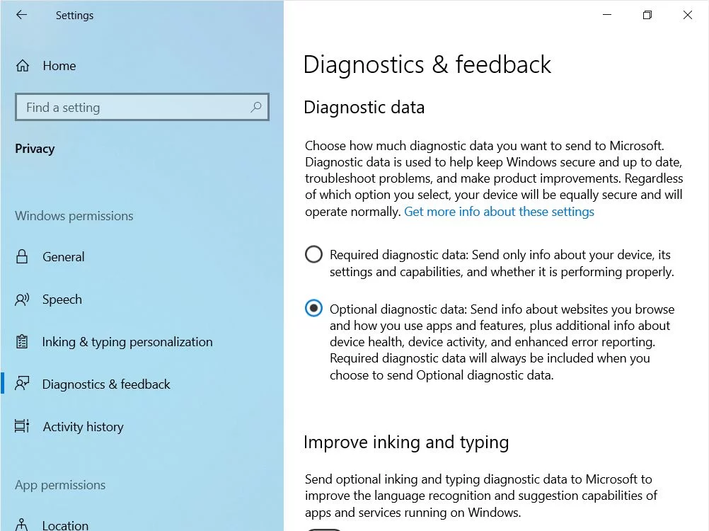 windows 10 abilita i dati diagnostici opzionali