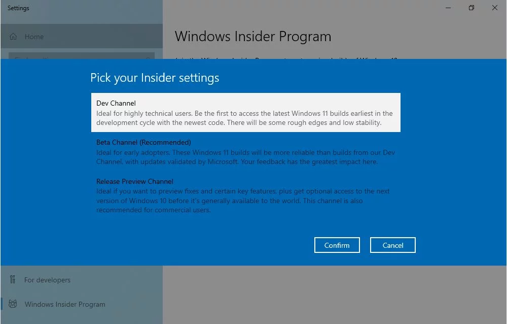 selezione del canale del programma windows 10 insider