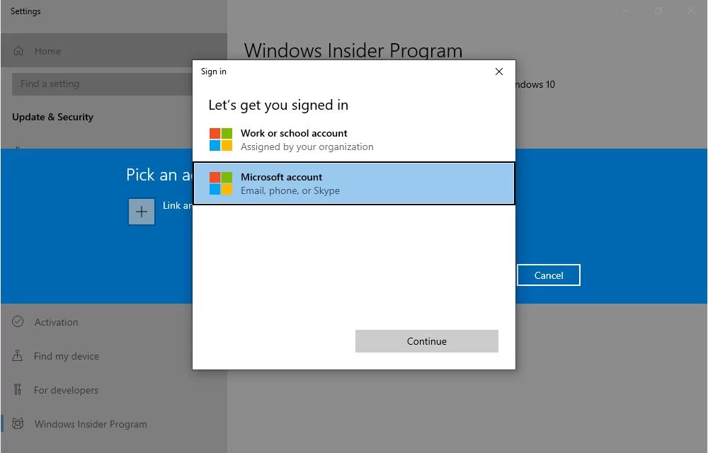 collegamento programma windows 10 insider account microsoft 2