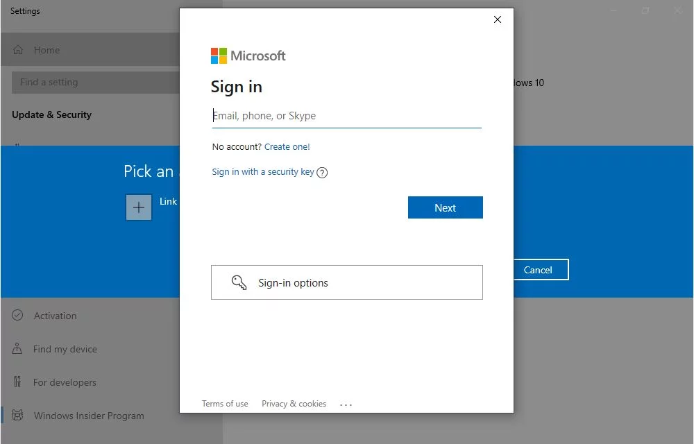 collegamento al programma insider di windows 10 account microsoft 3
