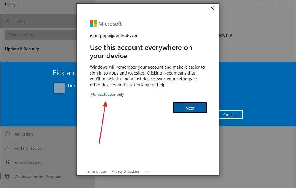 collegamento del programma insider di windows 10 all'account microsoft 4