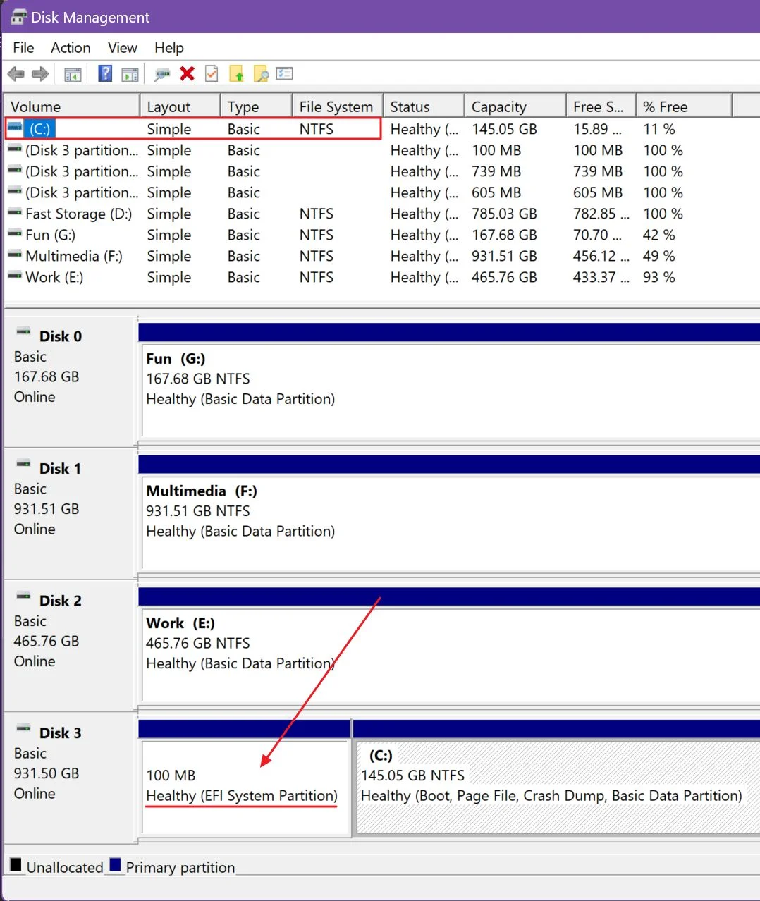 windows disk management uefti system partition