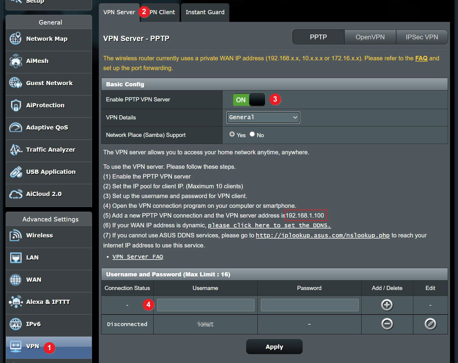 asus router vpn server settings