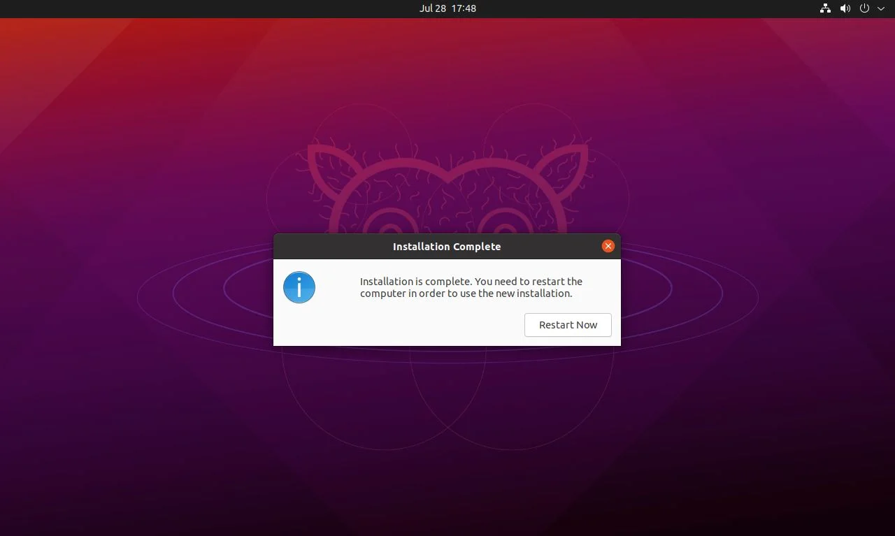 ubuntuのインストールが完了した