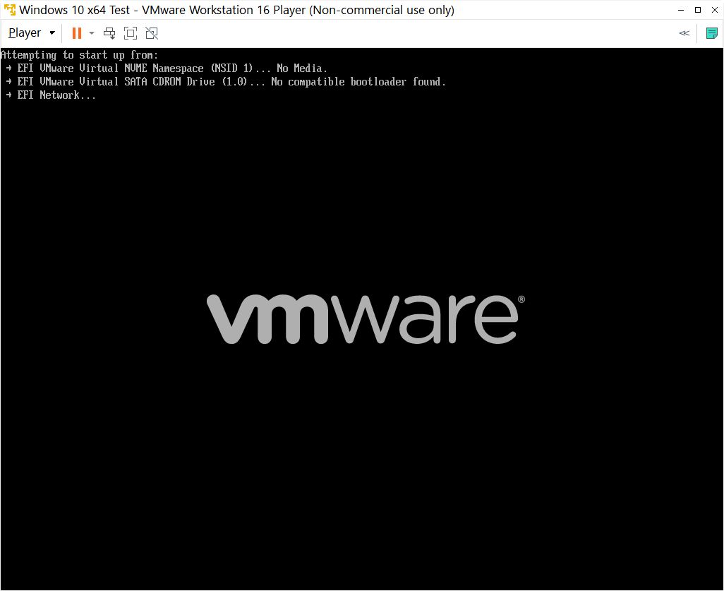 vmware workstation player boot fail no bootloader