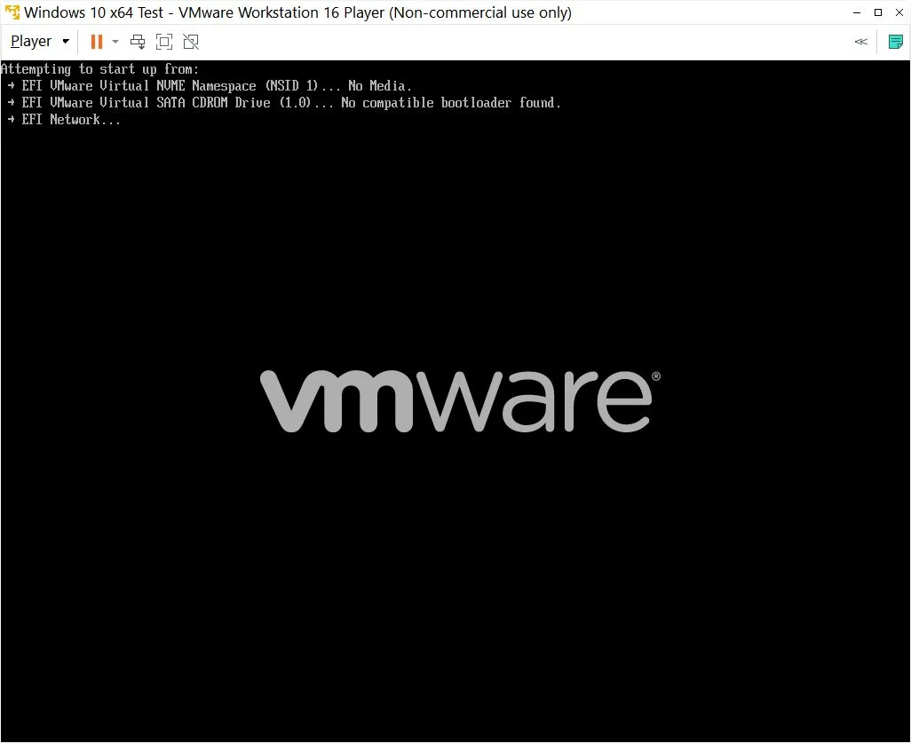 vmware workstation player boot fail no bootloader