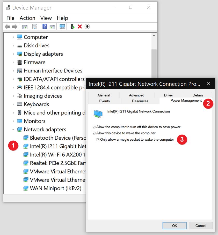 wake on lan magic packet device manager windows