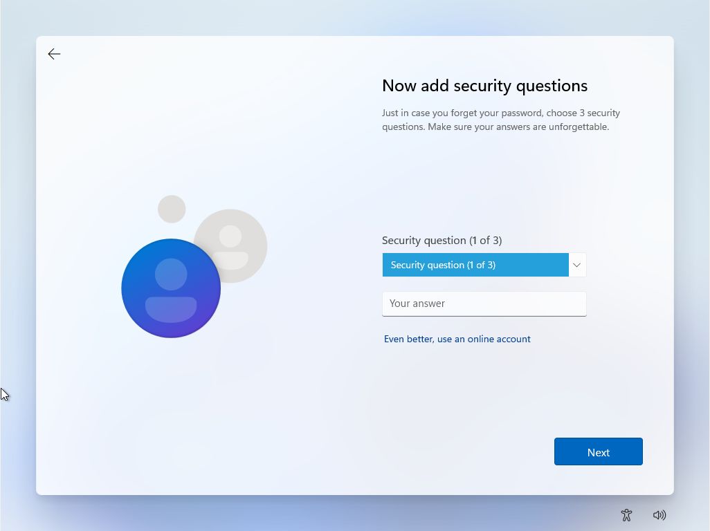 Install Windows 11 security questions