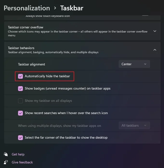 windows 11 automatically hide the taskbar