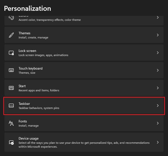 windows 11 settings personalization taskbar