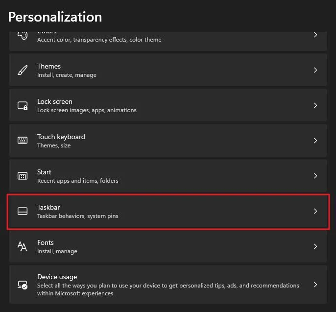 windows 11 settings personalization taskbar