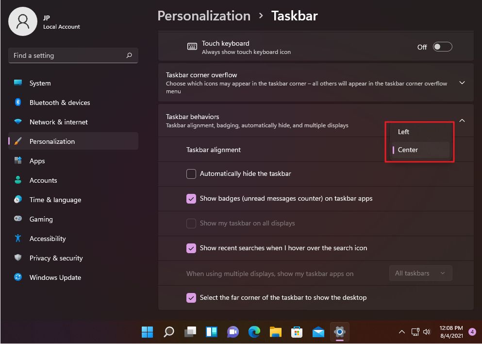 windows 11 settings taskbar alignment