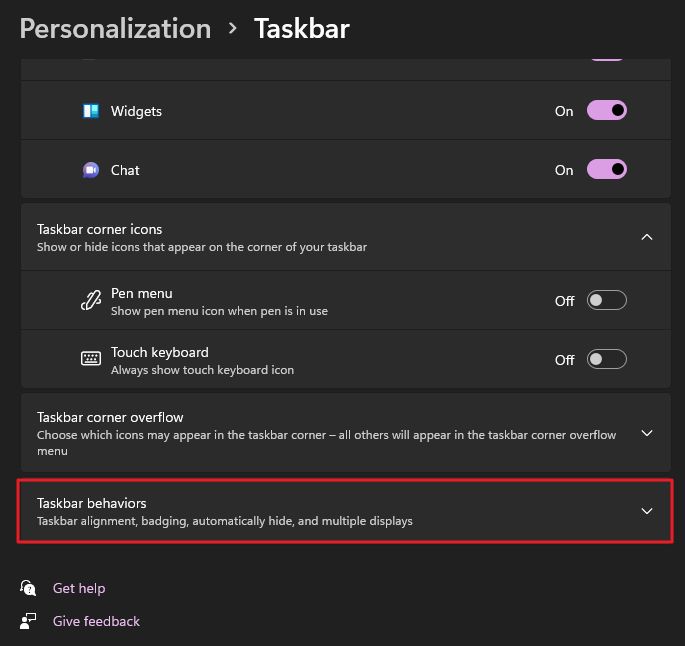 windows 11 settings taskbar behavior