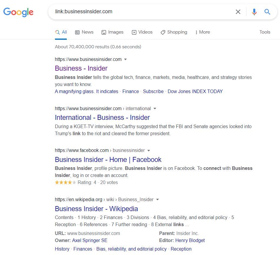 google search links to a page