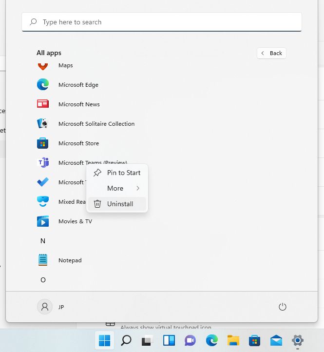 windows 11 microsoft teams start menu uninstall