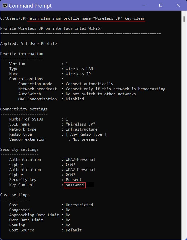 command prompt wireless connection details