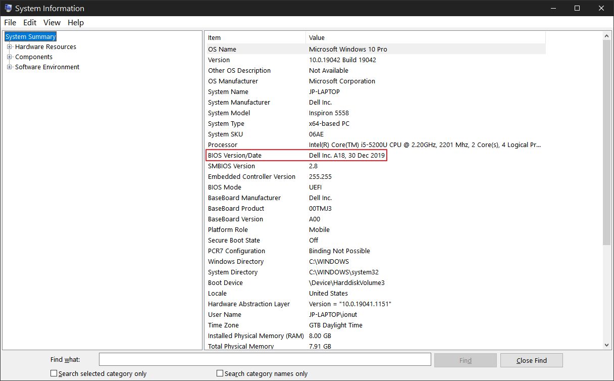 current bios version system info windows