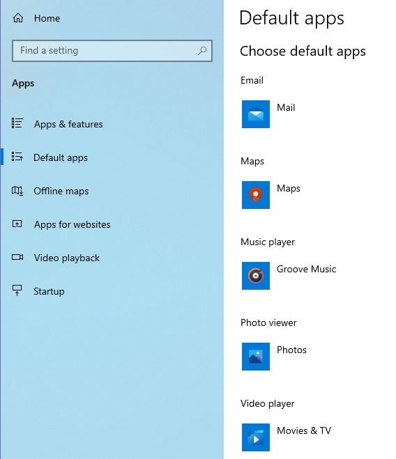 default apps windows 10