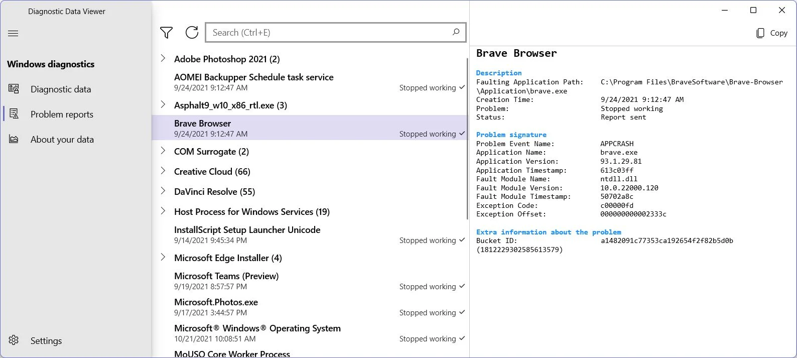 diagnostic data viewer log example