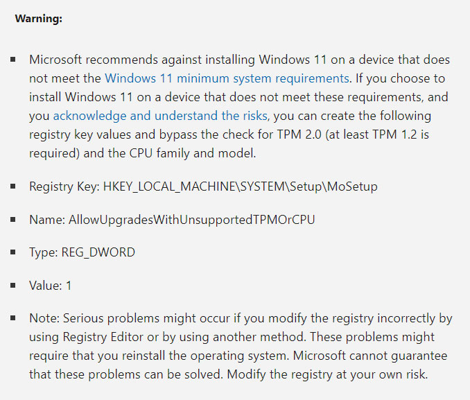 microsoft official windows 11 registry hack warning