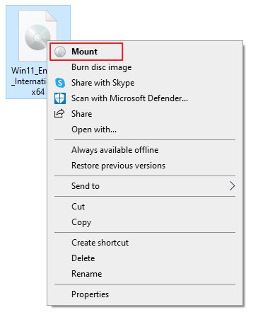 montare l'immagine iso di windows in file explorer