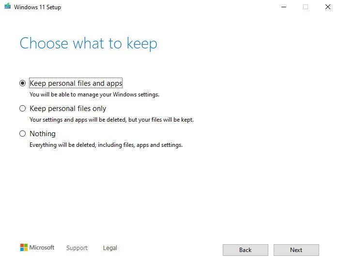 upgrade to windows 11 what to keep options