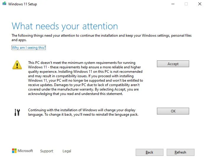 atualizar windows 11 pc não cumpre os requisitos aviso