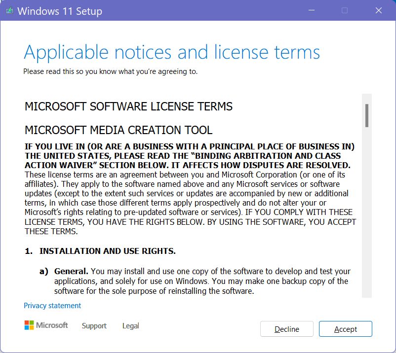 windows 11 installation media accept eula