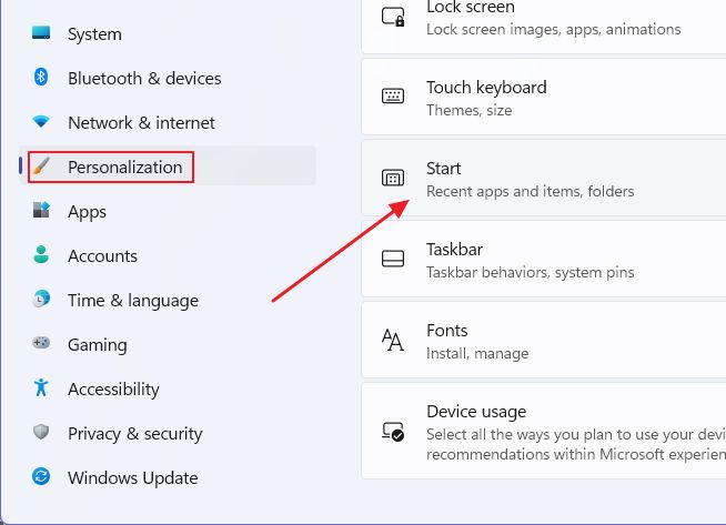 windows 11 personalization start menu options