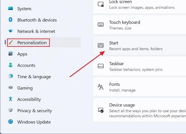 windows 11 personalization start menu options