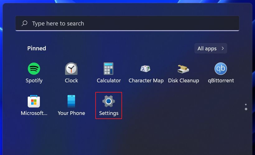 windows 11 pinned settings app