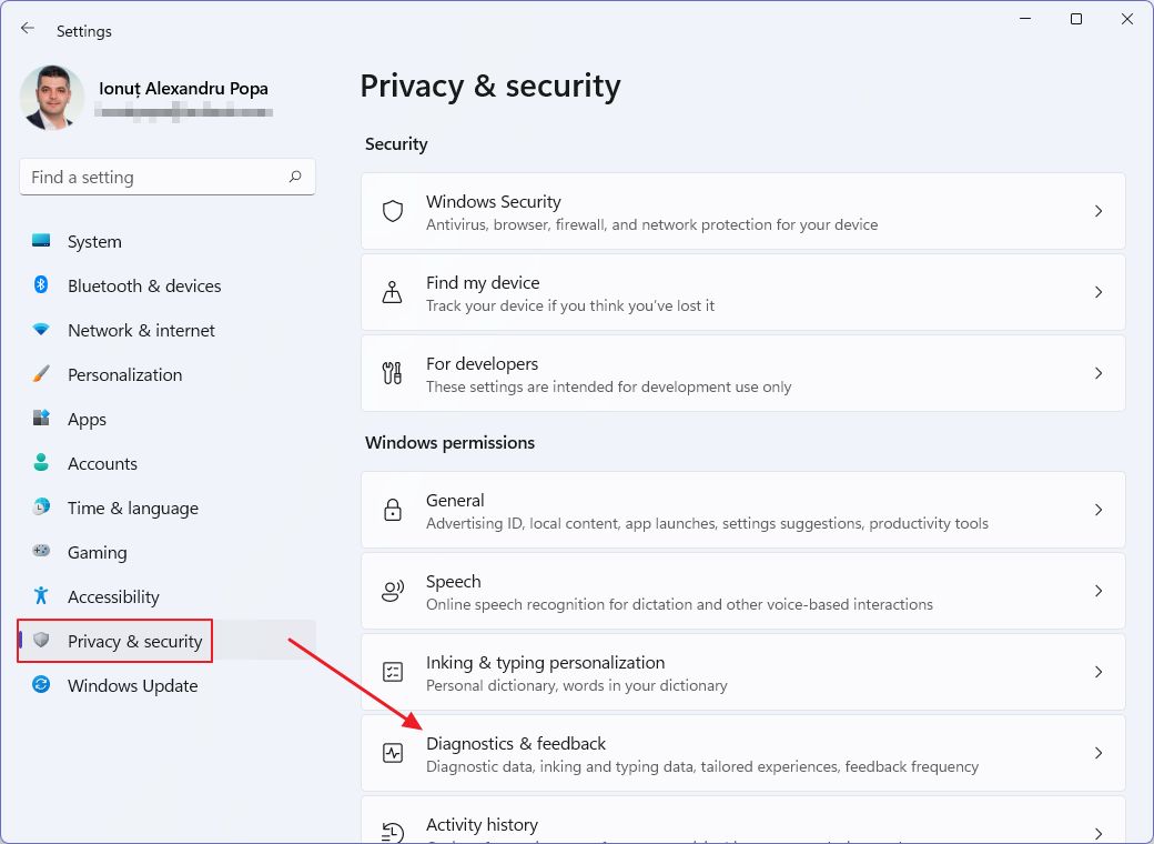 windows 11 settings privacy security diagnostics