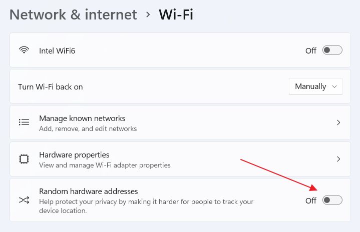 windows 11 wifi randomize hardware address