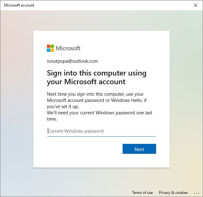 windows sign in with microsoft online account confirm password again