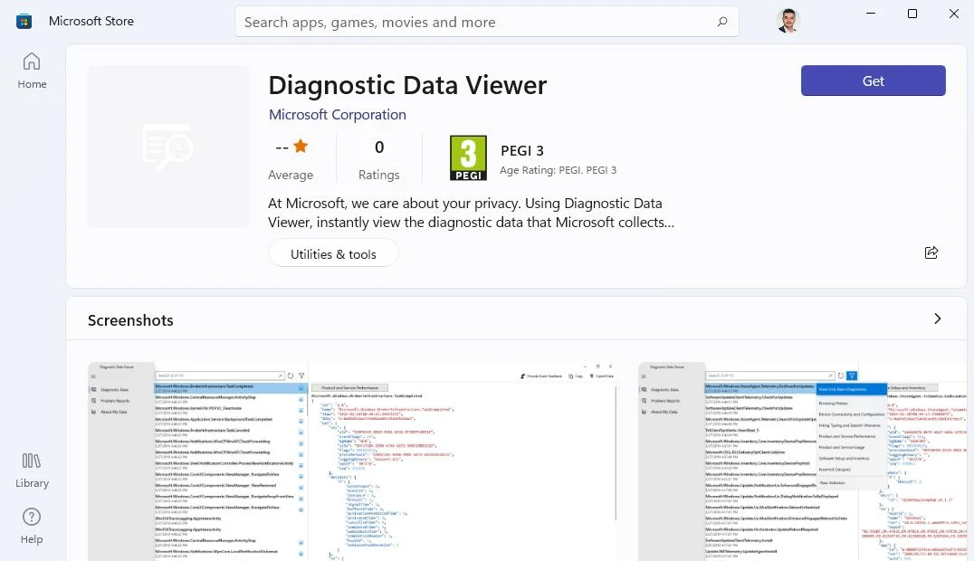 windows store diagnostic data viewer