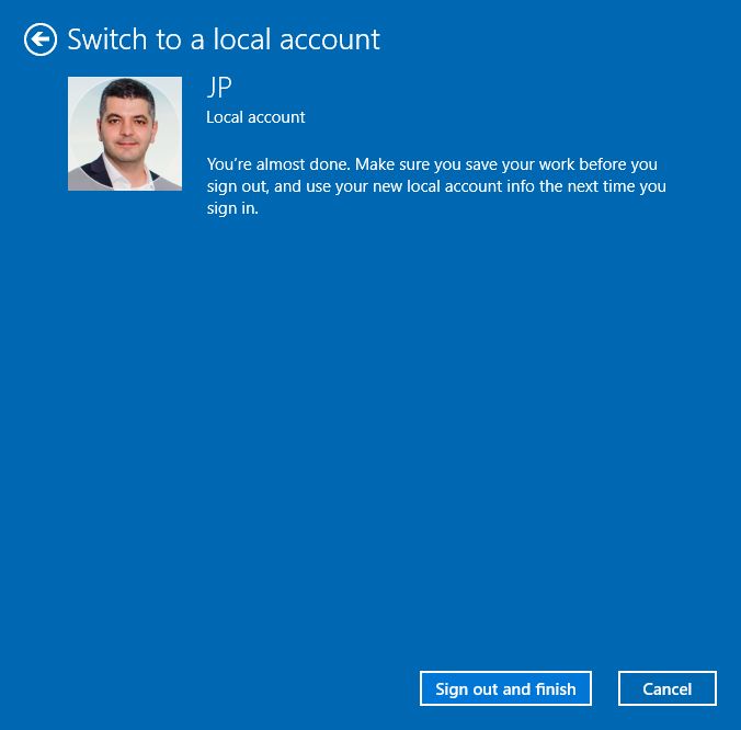 windows switch to local account finish