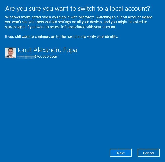 windows switch to local account warning