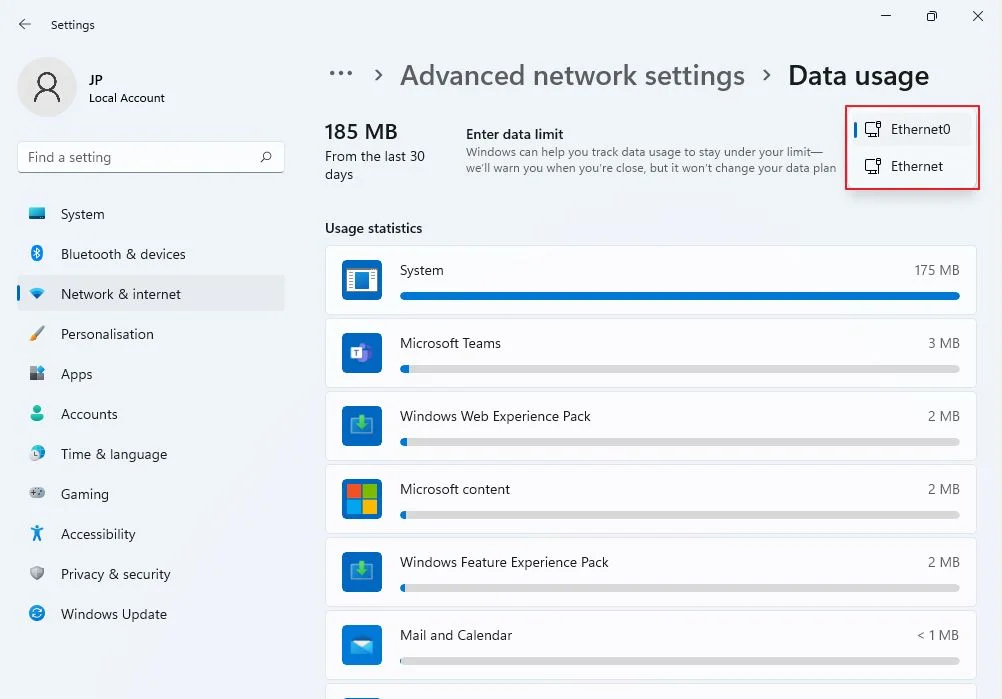aperçu de l'utilisation des données de windows 11